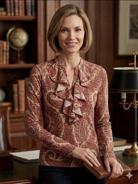 LRL Lauren Jeans Co Ralph Lauren PXS Red Paisley Ruffle Front Long Sleeve EUC